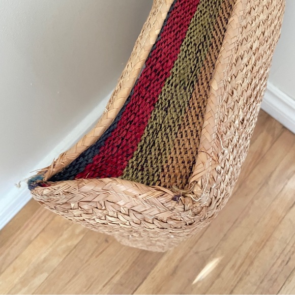 Vtg WOVEN Bag Rare Wicker Briefcase Satchel Button Leather Strap Colored Panels - Picture 5 of 11